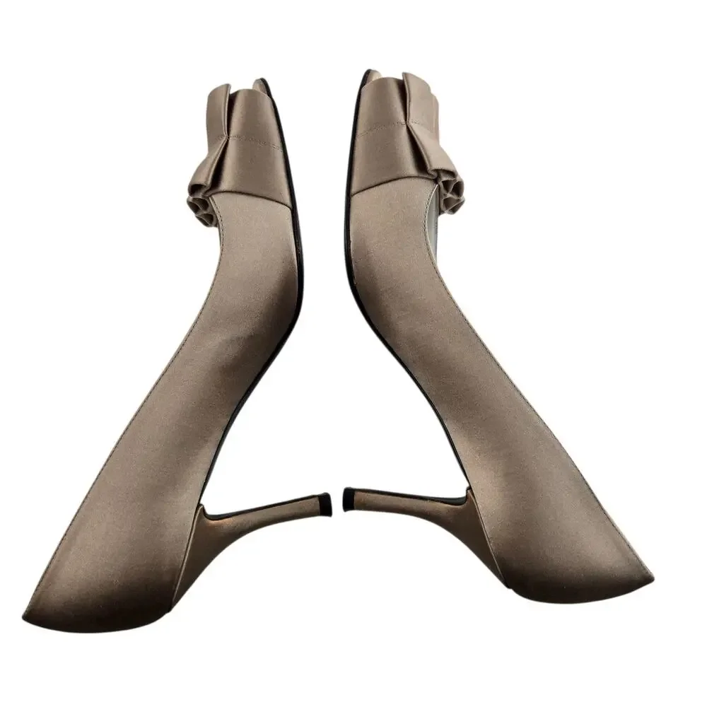 Stuart Weitzman Heels Womens 9 M Gigi Ritz Taupe Beige Satin Peep Toe‎ Formal